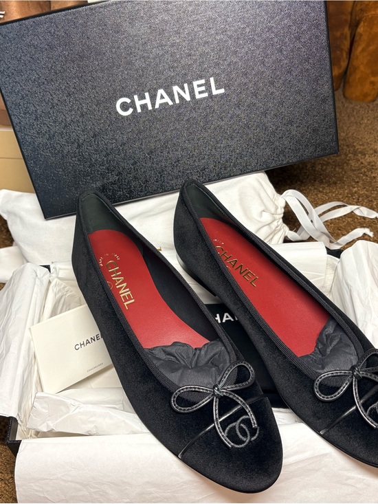 CHANEL Shoes - CHANEL Black Velvet Ballet Flats with Red Insoles and Bow Detail